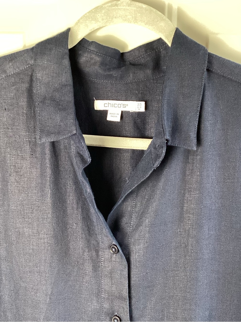 Chico’s 100% Linen Midnight Navy Button-Front Tiered Maxi Dress - Picture 3 of 10